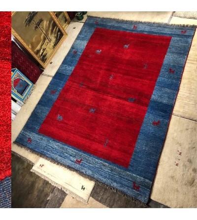 Alfombra Gabbeh Persa Contemporánea Coleccion Moderna Color Azul y Rojo