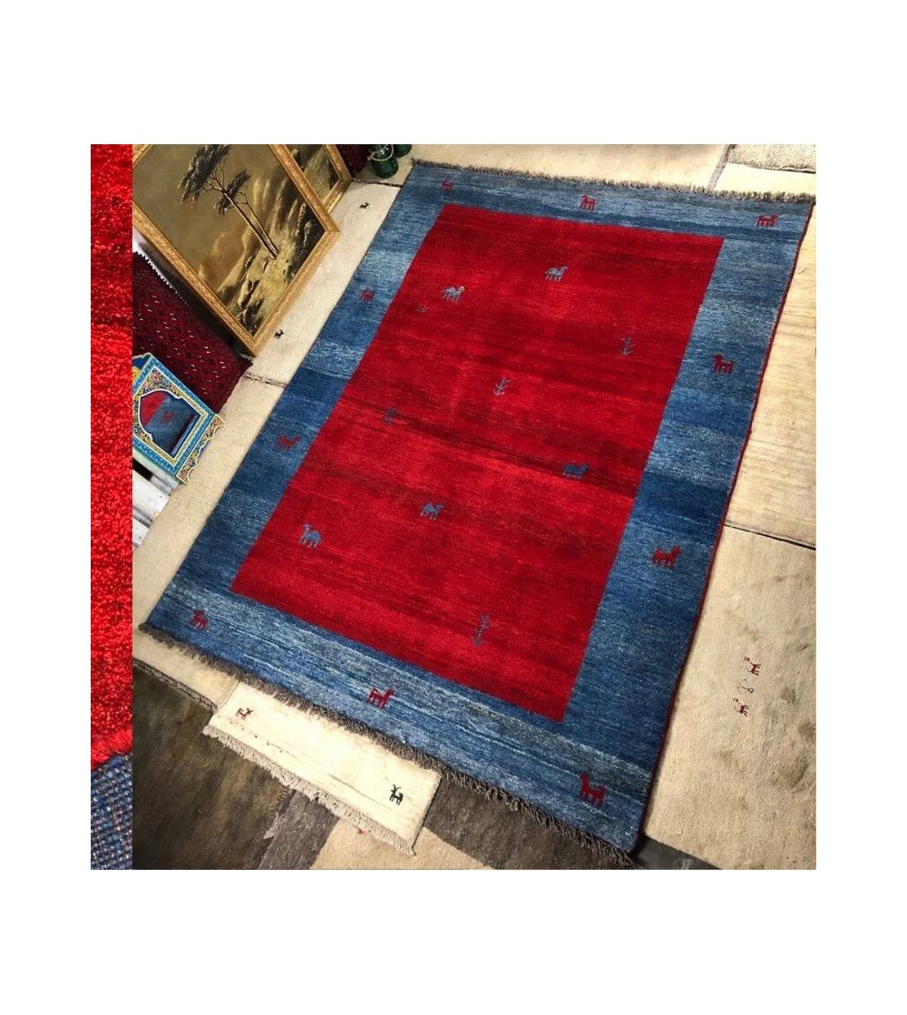 Alfombra Gabbeh Persa Contemporánea Coleccion Moderna Color Azul y Rojo