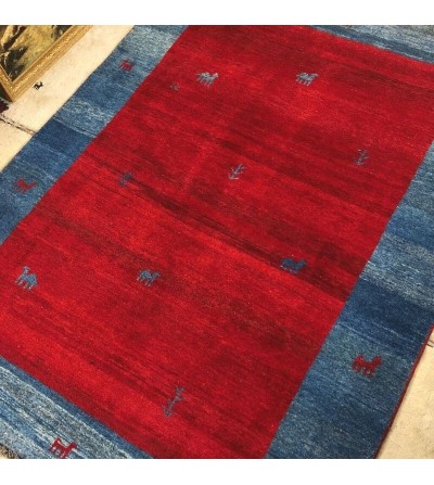 Alfombra Gabbeh Persa Contemporánea Coleccion Moderna Color Azul y Rojo