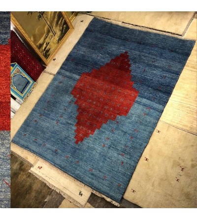 Alfombra Gabbeh Persa Contemporánea Coleccion Moderna Color Azul y Rojo