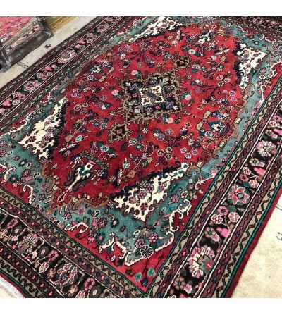 Alfombra Hamedan Persa. Alfombra Etnica, Vintage, colores rojo, verde, negro, beige