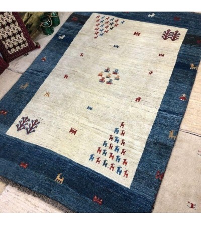 Alfombra Etnica Gabbeh Persa Contemporánea Coleccion Moderna Color Beige y Azul