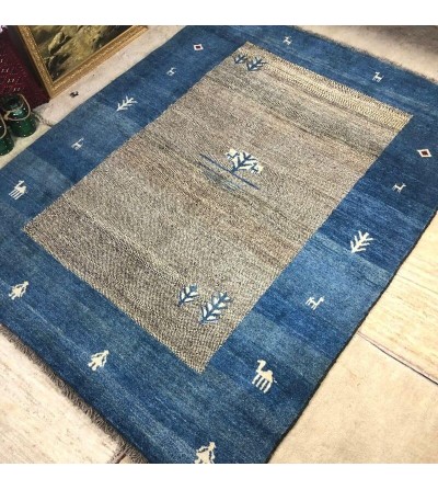 Alfombra Etnica Gabbeh Persa Contemporánea Coleccion Moderna Color Beige jaspeado y Azul