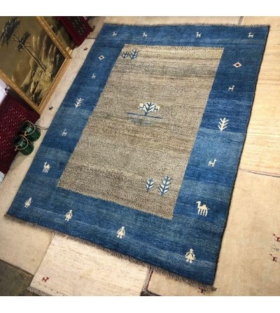 Alfombra Etnica Gabbeh Persa Contemporánea Coleccion Moderna Color Beige jaspeado y Azul