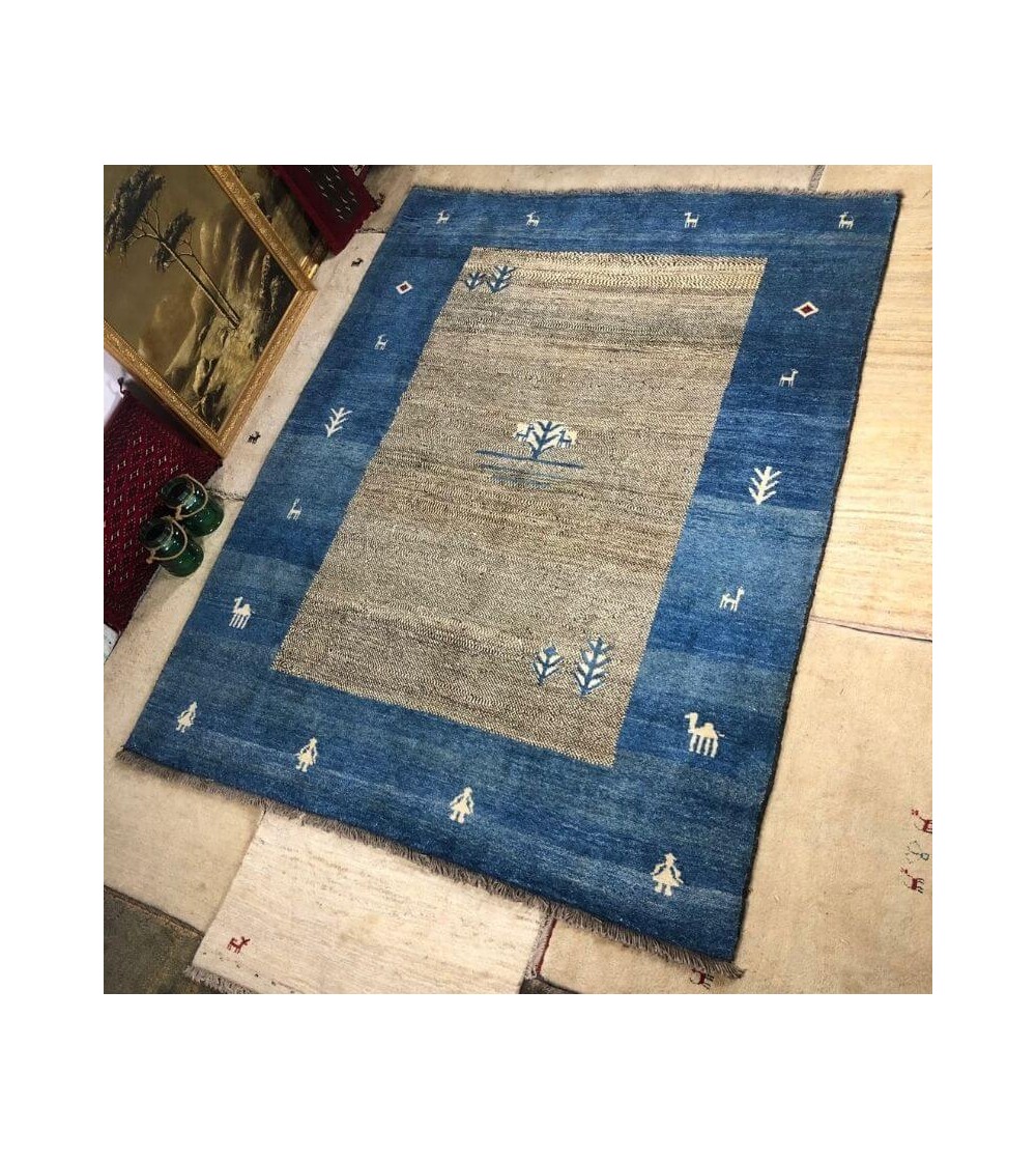 Alfombra Etnica Gabbeh Persa Contemporánea Coleccion Moderna Color Beige jaspeado y Azul