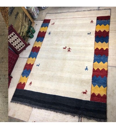 Alfombra Etnica Gabbeh Persa Contemporánea Coleccion Moderna Color Beige y Negro